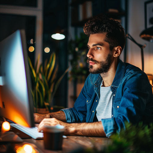 Late-night work at a desk lit by a computer screen
