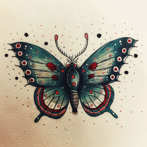 Blue butterfly with polka dots retro style and 1950s pop art vibe