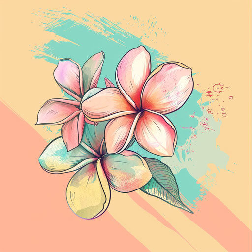 Stylish flat tattoo sketch of a Hawaiian plumeria flower in soft pastel tones