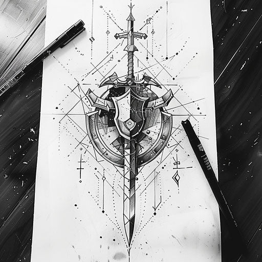 Sleek tattoo sketch of a knight's shield and crossed swords