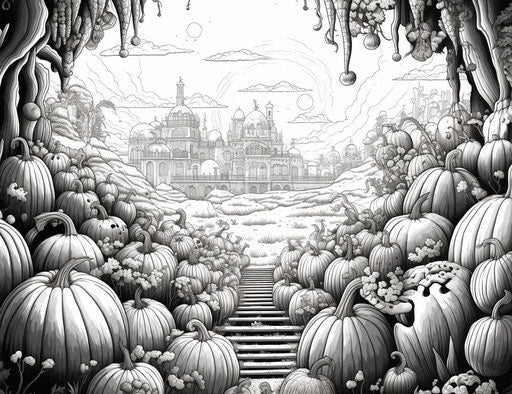 Detailed crowd scene with pumpkin coloring page, hinchel or 31:24