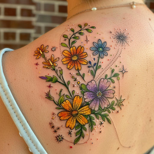 Wildflower tattoo with stars and cosmic elements