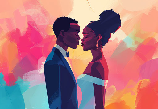 Colorful wedding, animated style, full body, Pont-Aven school