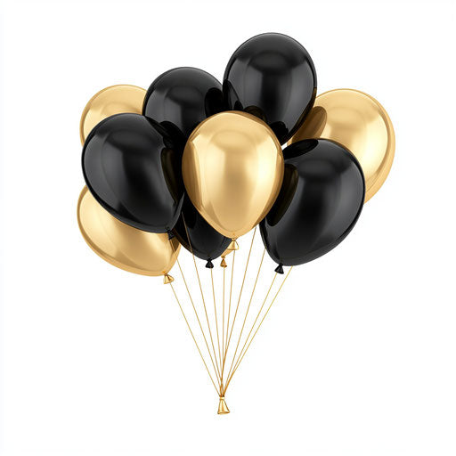 Realistic illustration of black and gold balloons, high resolution, transparent background, isolated