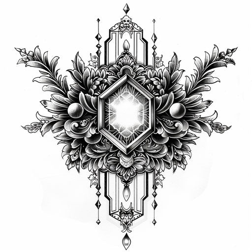 Flat tattoo sketch with art deco inspired hexagon and details