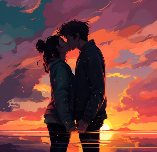 Sunset kiss in Flickr style, dark pink and dark emerald, youth