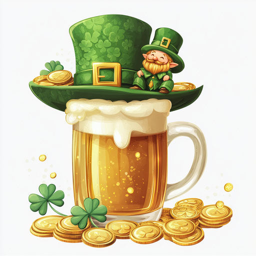 Saint Patrick's Day hat with gold coins and leprechaun on mug