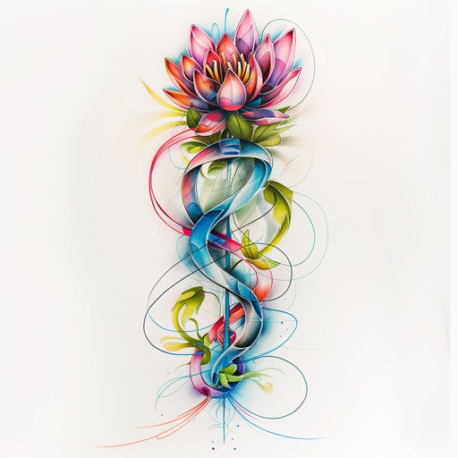 Vibrant unalome and lotus tattoo in neon colors