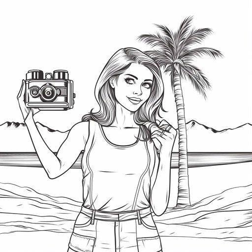 Coloring sheet for the beach, instax film style, sleek and stylized, stencil-based, subtle