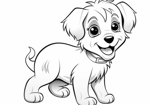 Animated cartoon puppy coloring page in Samyang AF 14mm F/2.8 RF style
