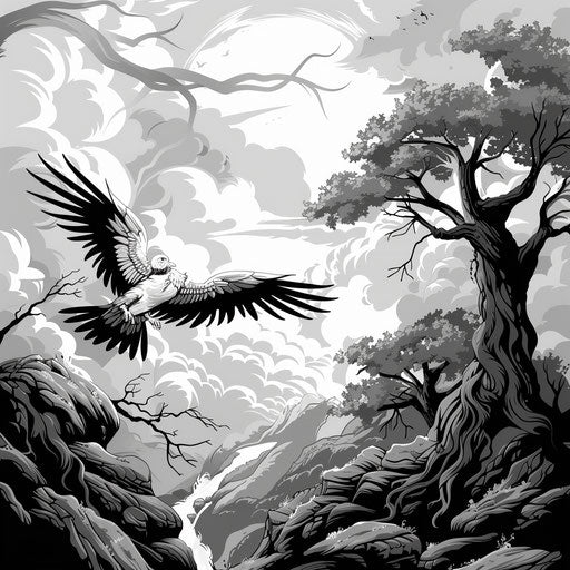 Scenery with flat random background in photo realistic style, monochrome palette and detailed wings