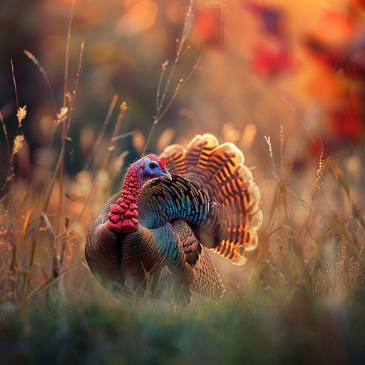 Wild turkey with vibrant plumage in a grassy meadow