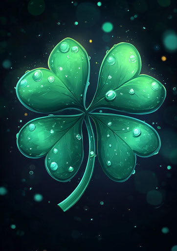 Realistic four-leaf clover with dew drops on dark background