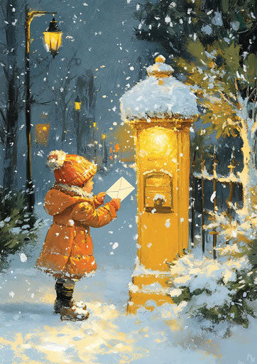 Winter child posting a letter in a large yellow mailbox under the snow
