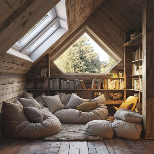 Cozy attic workspace with skylights and bean bags