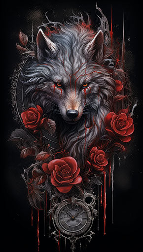 Wolf tattoo, roses, birds, dark silver, totems, gemstone