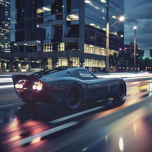 Electric Shelby Daytona with sleek, futuristic design and LED lighting, silently cruising through a city