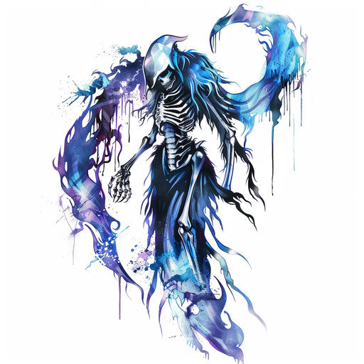 Artistic representation of a reaper tattoo with bright blue and purple flames, on a stark white backdrop