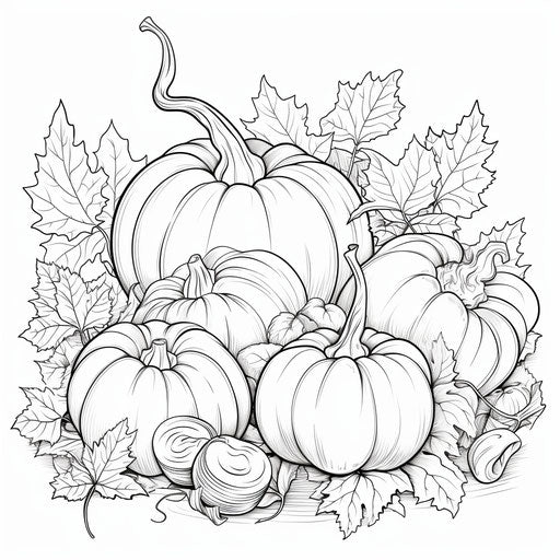 Autumn coloring with pumpkins and leaves, in the style of Vilstrup