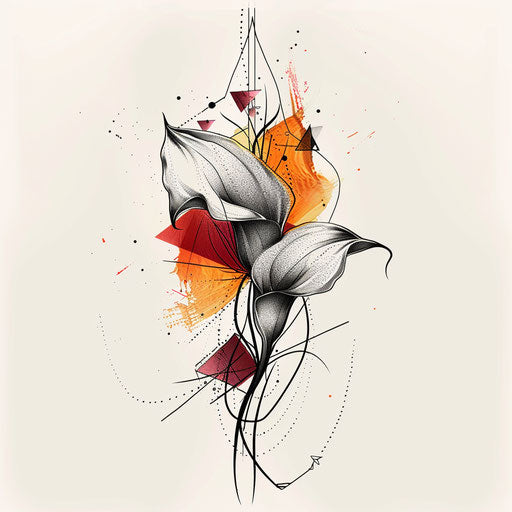 Clipart tattoo sketch of a calla lily with intertwined geometric shapes and vibrant red accents
