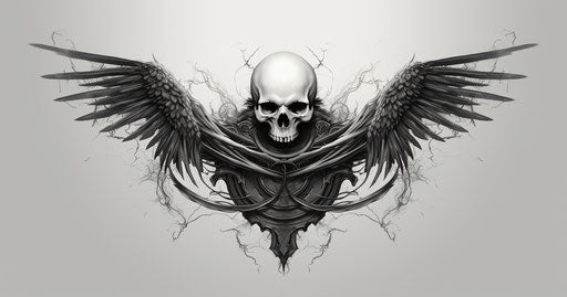 Black and white illustration of a skull with wings