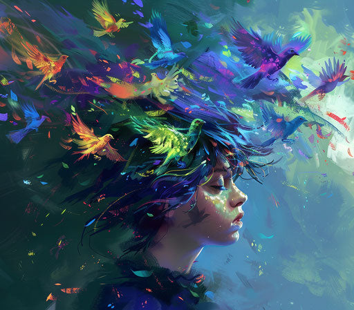 Girl with colorful hair and bright flying birds