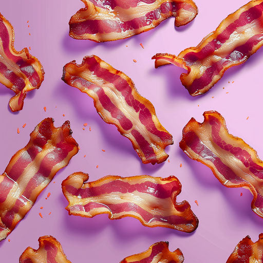 Flat background in soft lavender, bacon clipart with a realistic touch, highlighted by a shimmering gloss and precise details