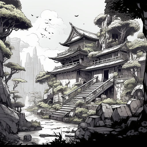 Asian garden painting on the wall, black and white