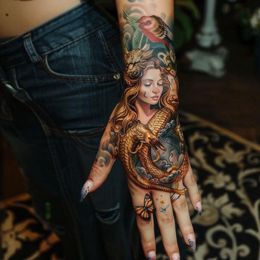 Fantasy hand tattoo for women with mythical creatures