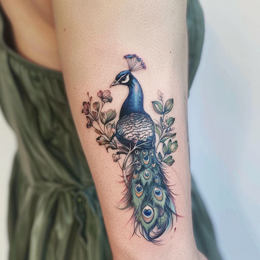 Vintage peacock tattoo, muted colors on white background