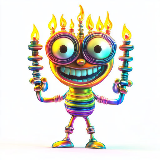 Humorous depiction of menorah with human characteristics