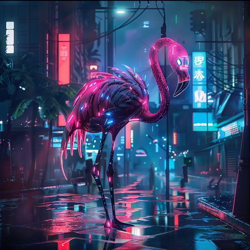 Cyberpunk flamingo with neon lights and futuristic vibe