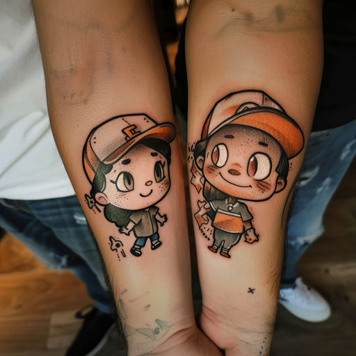 Brother and sister tattoos with cartoon character