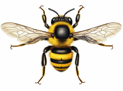 yellow and black bee on white background, woodcut style