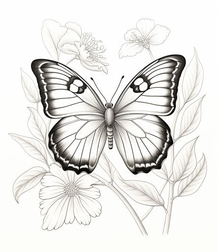 Butterfly coloring page, set of detailed nature depictions in black and white