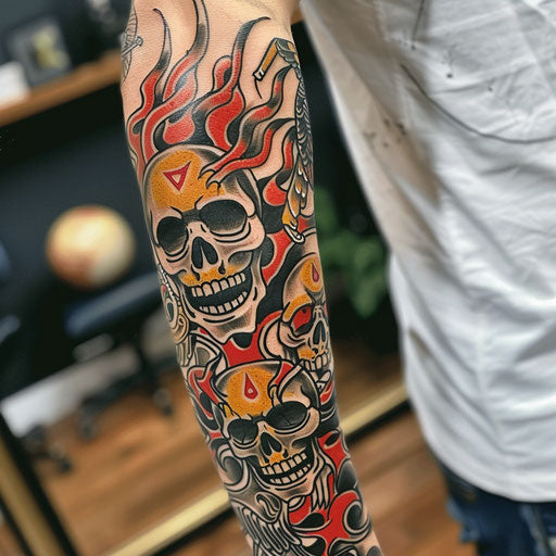 Traditional skulls and flames arm tattoo
