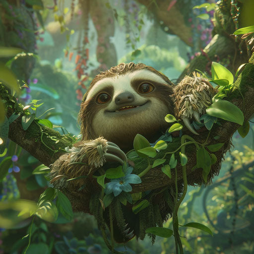 Magical adventure of an animated sloth in a whimsical forest
