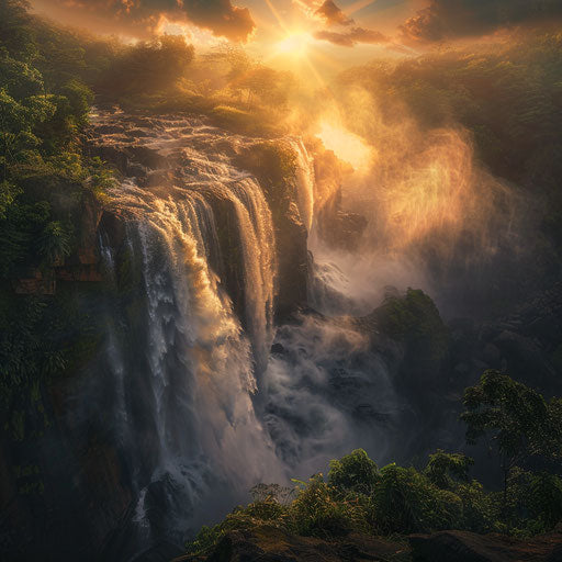 Athirapally Falls with dramatic lighting and misty ambiance