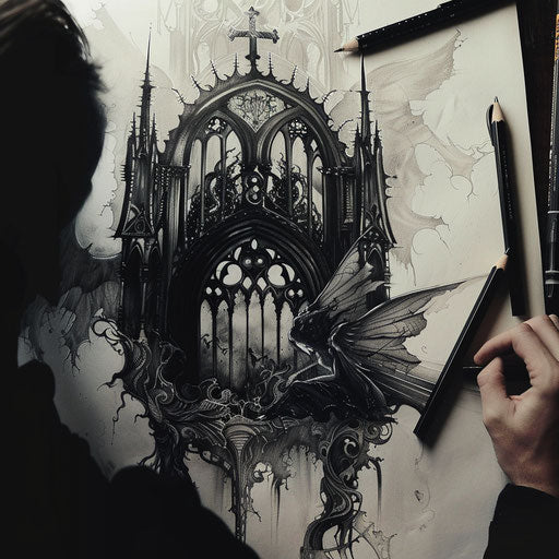 Gothic tattoo sketch of a shinigami in a dark, ornate cathedral
