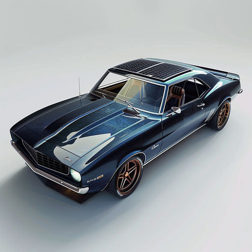 Classic Chevrolet Camaro Car with Fully Electric Drivetrain and Solar Panels Integrated into Roof