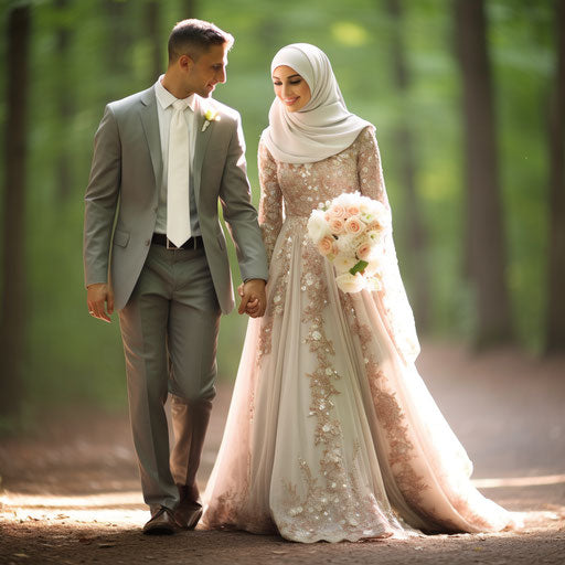 Muslim wedding, wedding dress in the style of letterboxing, romantic atmosphere
