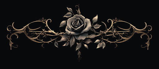 Black rose tattoo design, rococo style, symmetrical vines