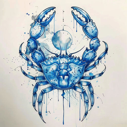 Flat Cancer zodiac tattoo sketch with crab and blue watercolor