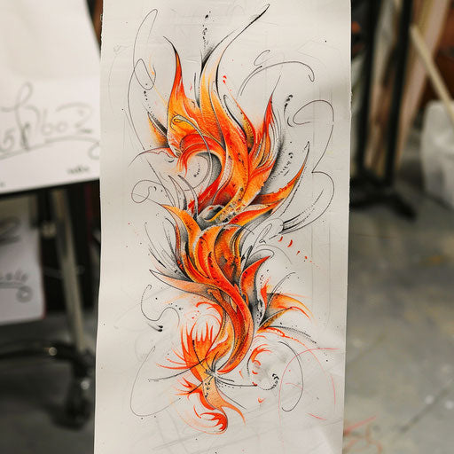Tattoo sketch of fire motif for 666, with dynamic orange and red flames