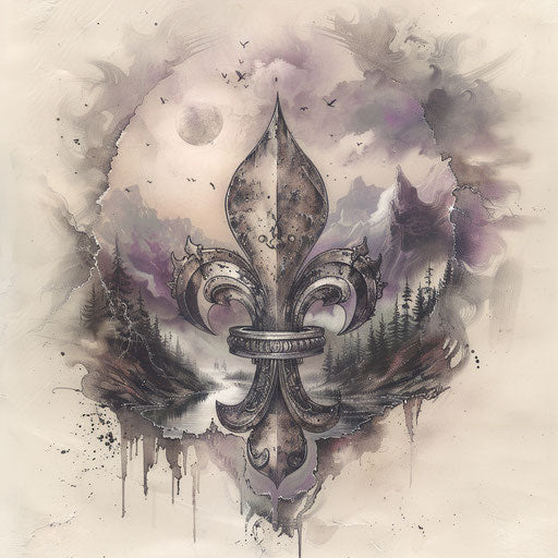 Surreal tattoo sketch of a fleur de lis morphing into a dreamlike landscape with muted pastels
