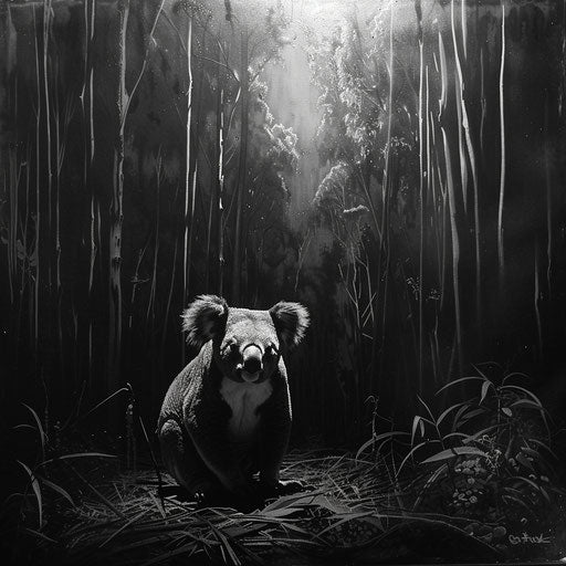 Koala in a dramatic monochrome forest