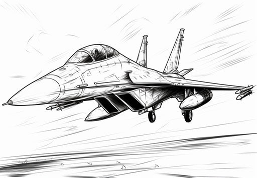 The jet showcases the aircraft's outline, meticulous inking style