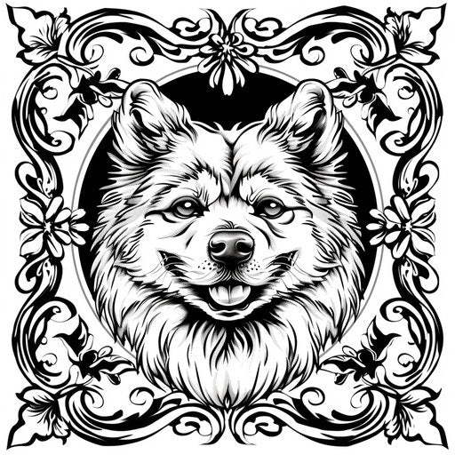 Sketch of a dog tattoo outline with a Samoyed framed by Russian folk art