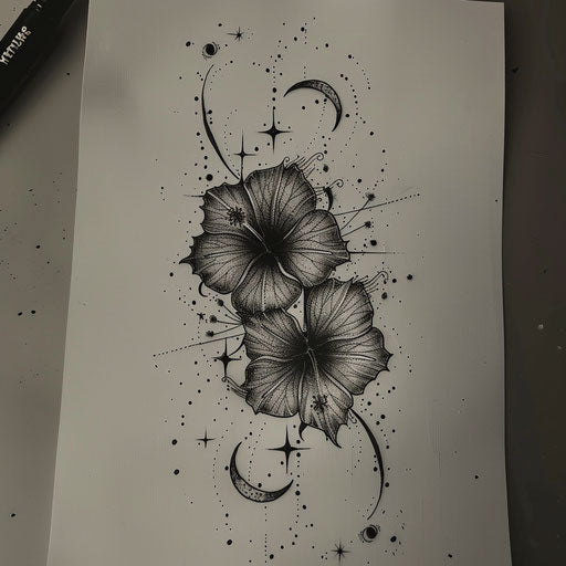 Mystical tattoo sketch of morning glory with stars and moon phases
