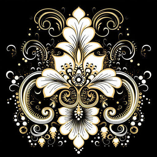Black and white ornate henna pattern, mughal painting style